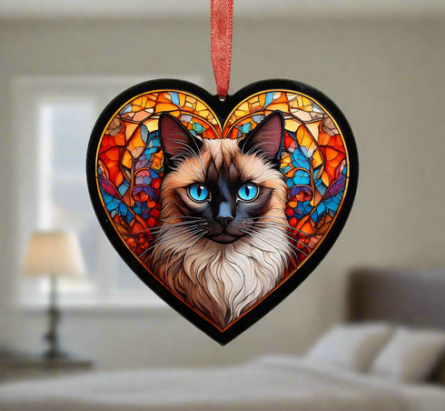Siamese Cat Stained Glass Effect Heart Suncatcher